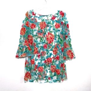 T&W Designs Colorful Sheer Embroidered Floral Top 3/4 Bell Sleeve Large